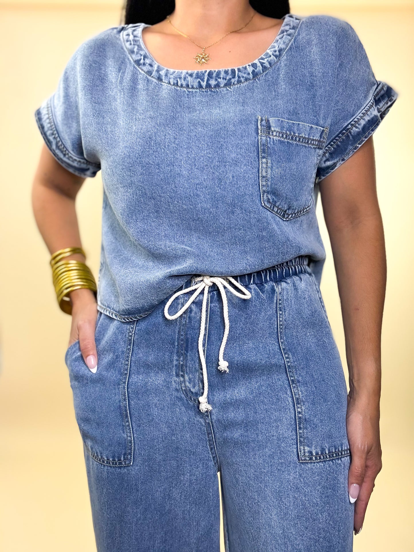 Washed Chambray Boat Neck Set