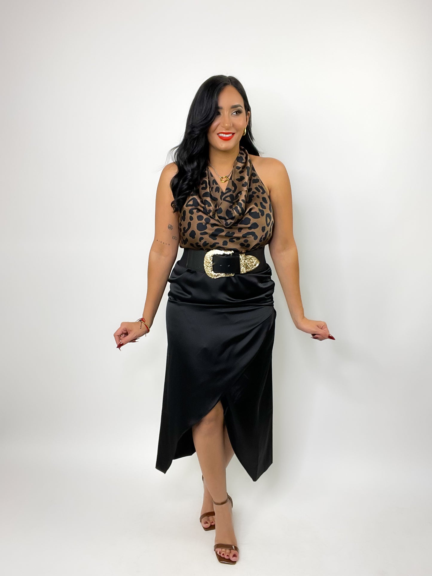 Black Satin Ruched Midi Skirt