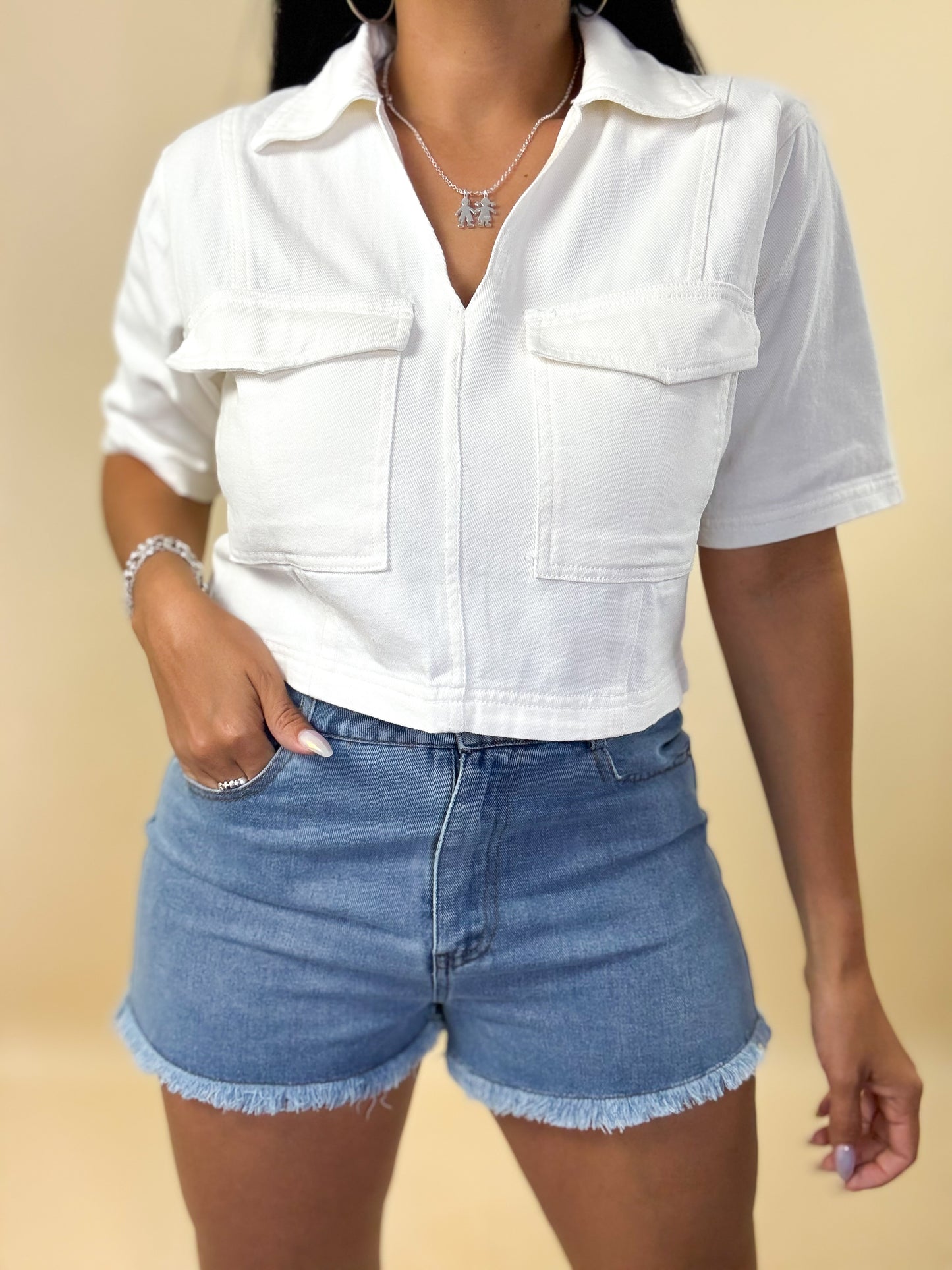 Light Denim Frayed Hem High Waist Shorts