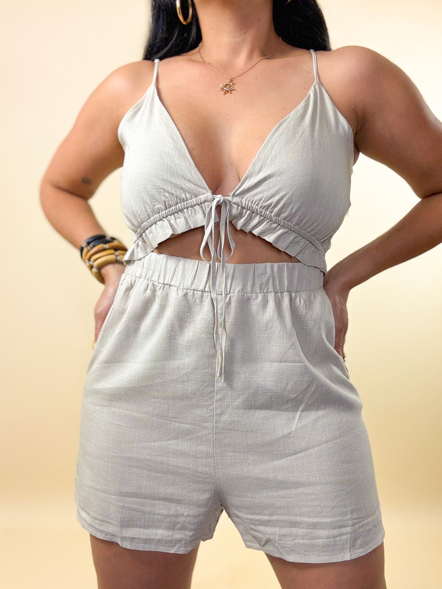Taupe Cutout Linen Romper