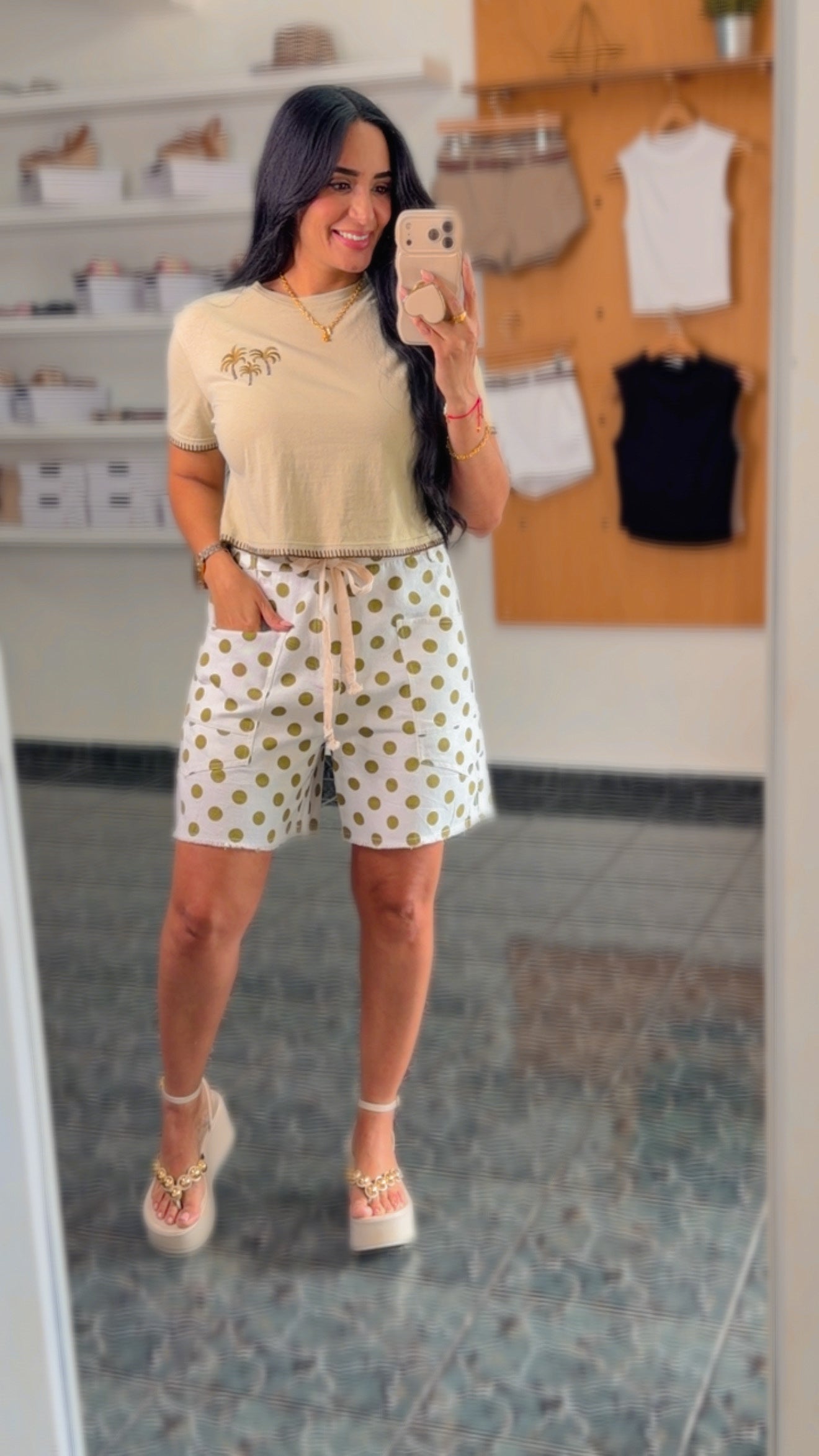 White/Olive Polkadots Denim Shorts
