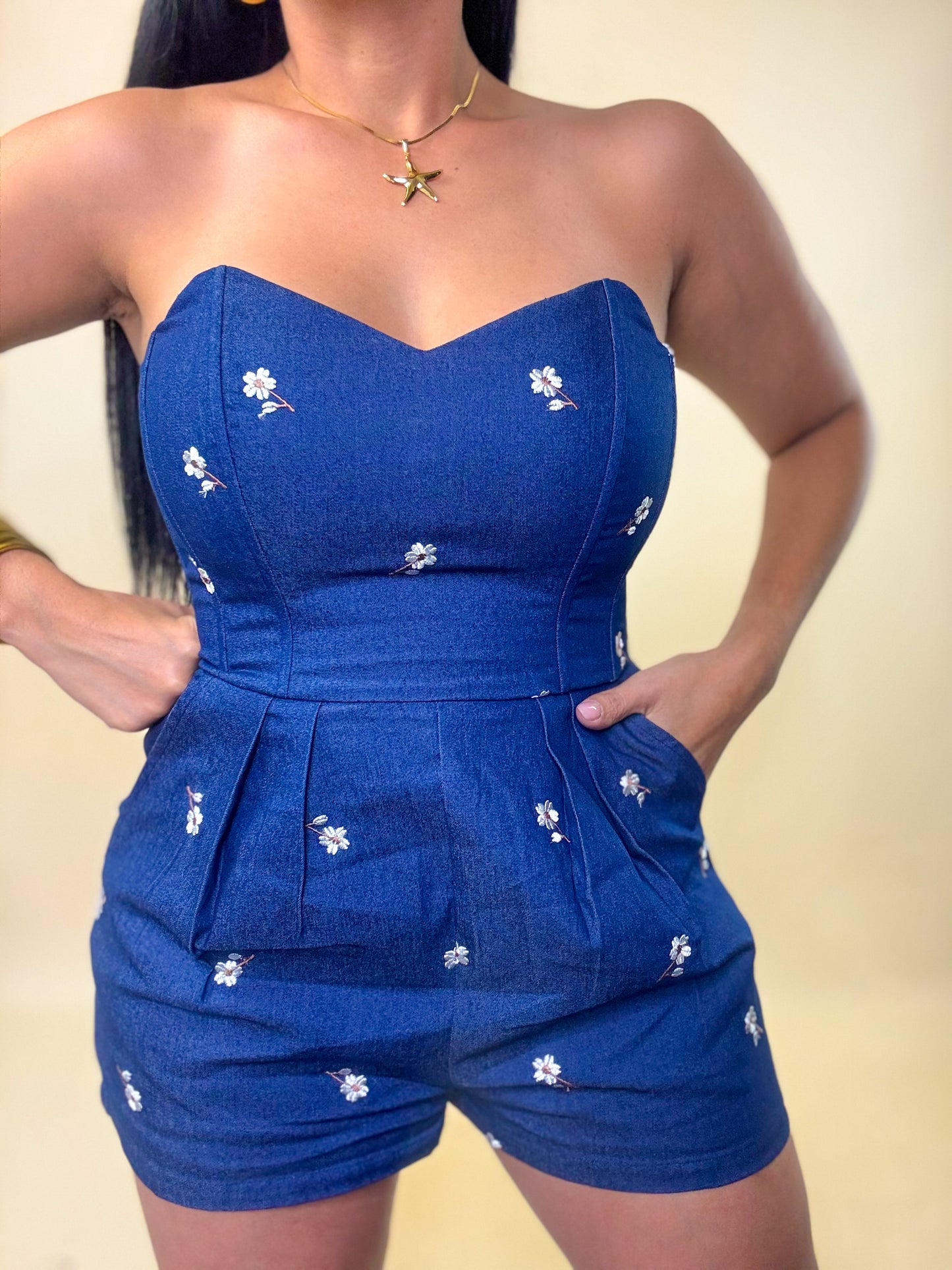 Embroidered Strapless Denim Romper