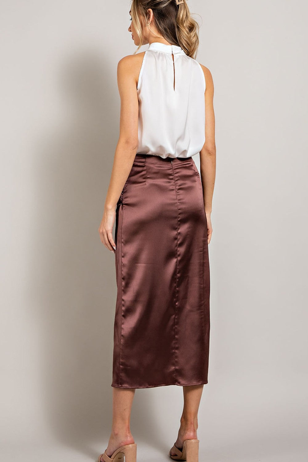 Brown Satin Ruched Midi Skirt