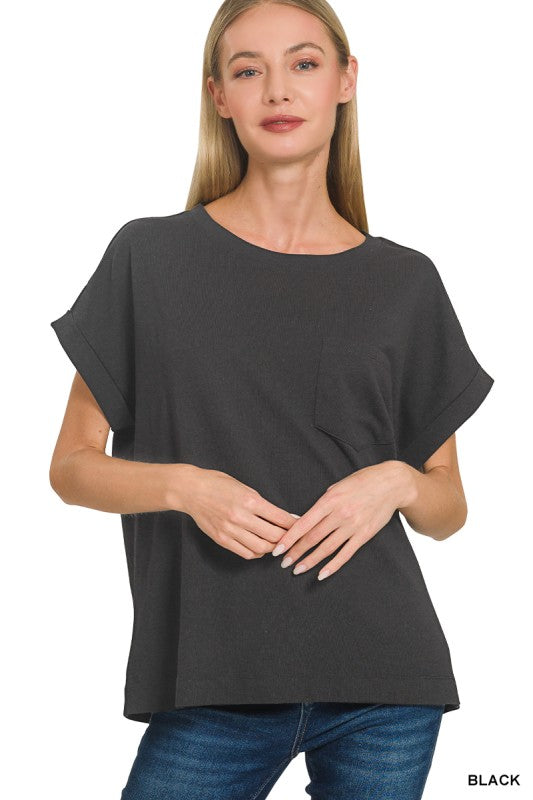 Black Cuffed Front Pocket Tee