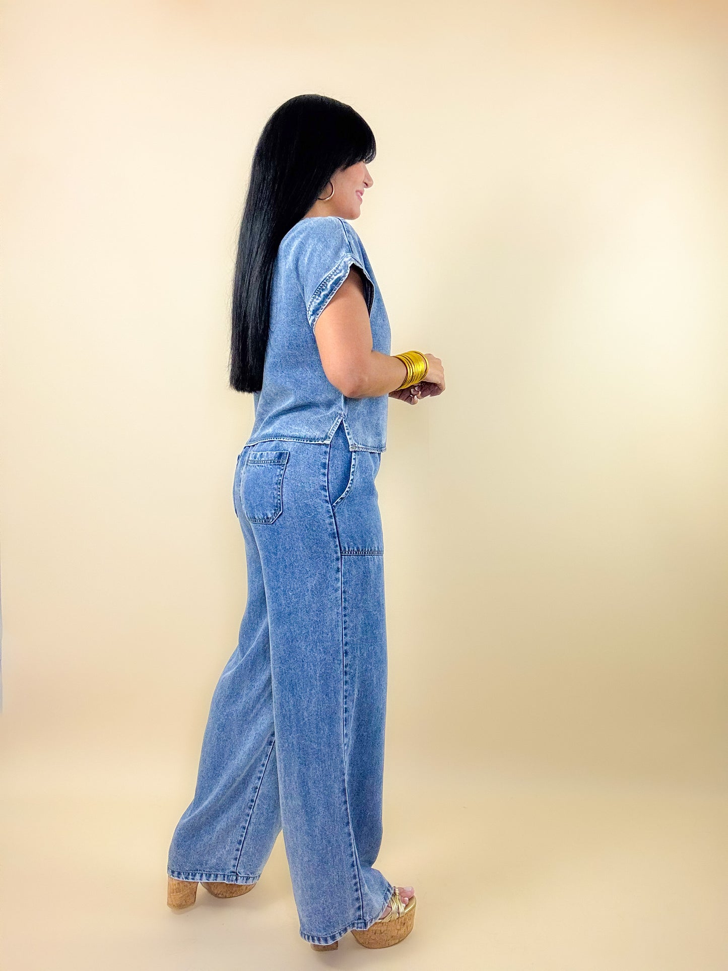 Washed Chambray Boat Neck Set