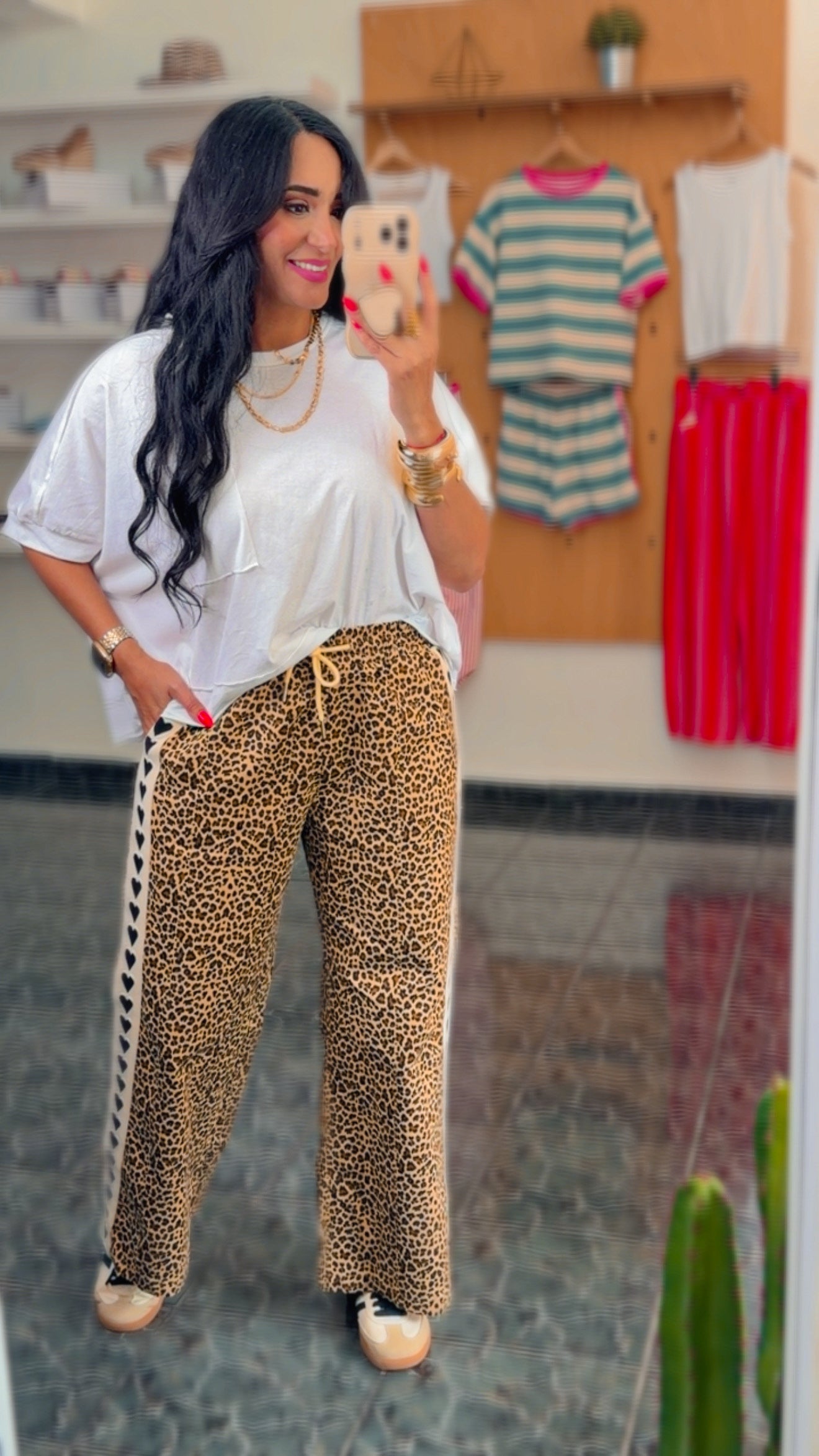 Leopard Heart Detail Wide Leg Pant
