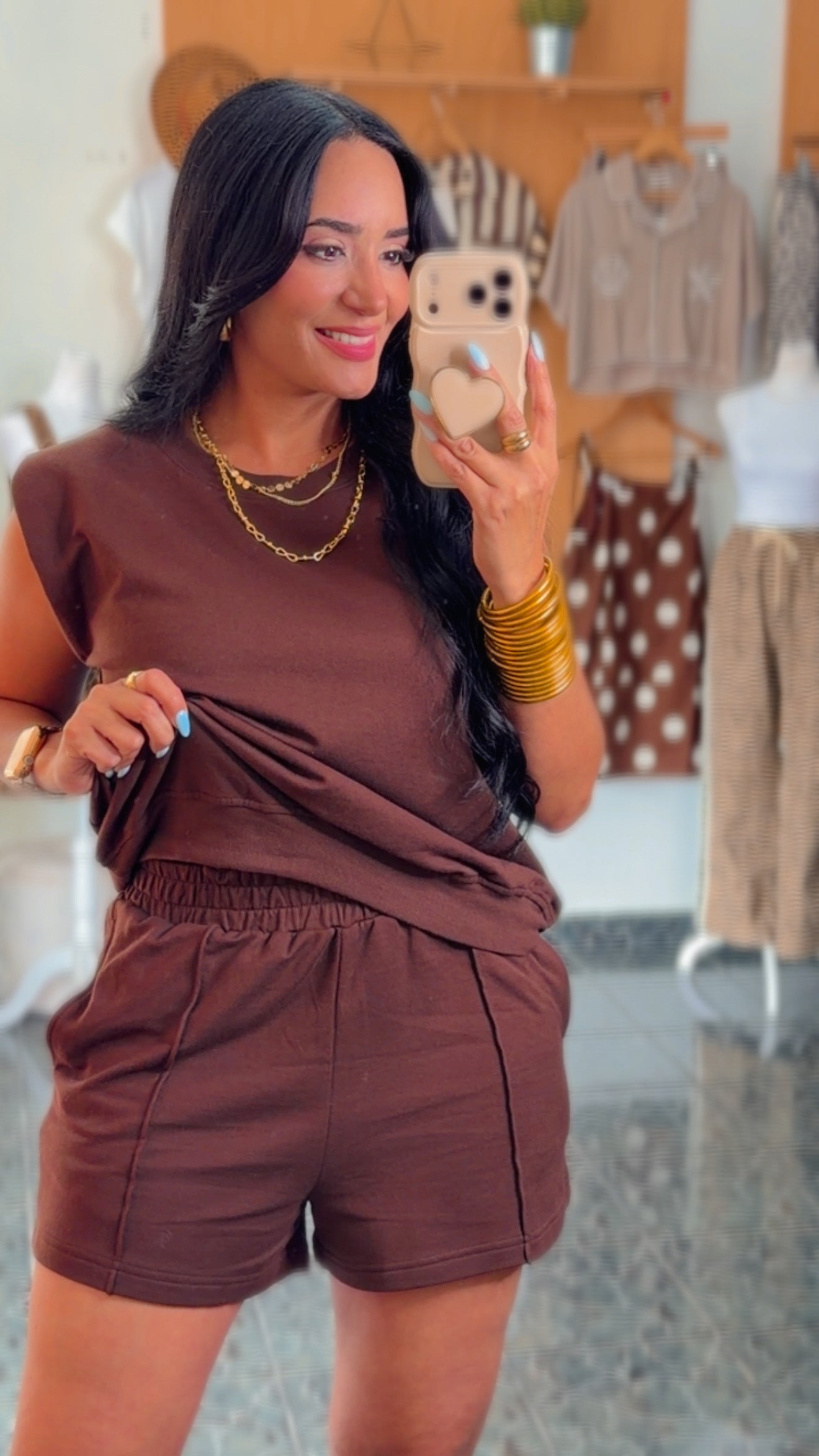 Brown French Terry Shoulder Pad Top/Short SET
