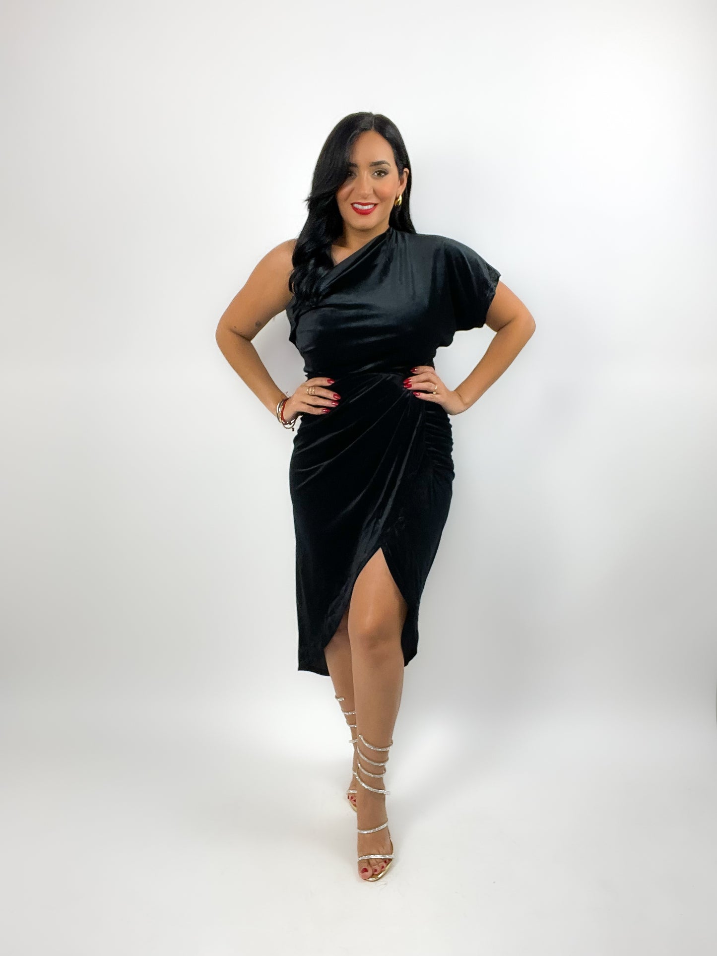 One Shoulder Velvet Wrap Dress