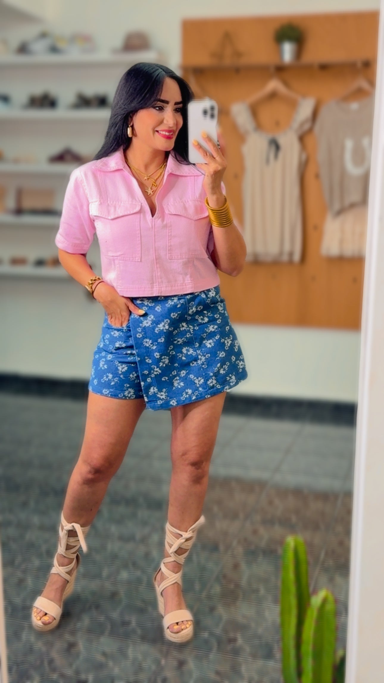 Denim Flowers Print Wrapped Skort