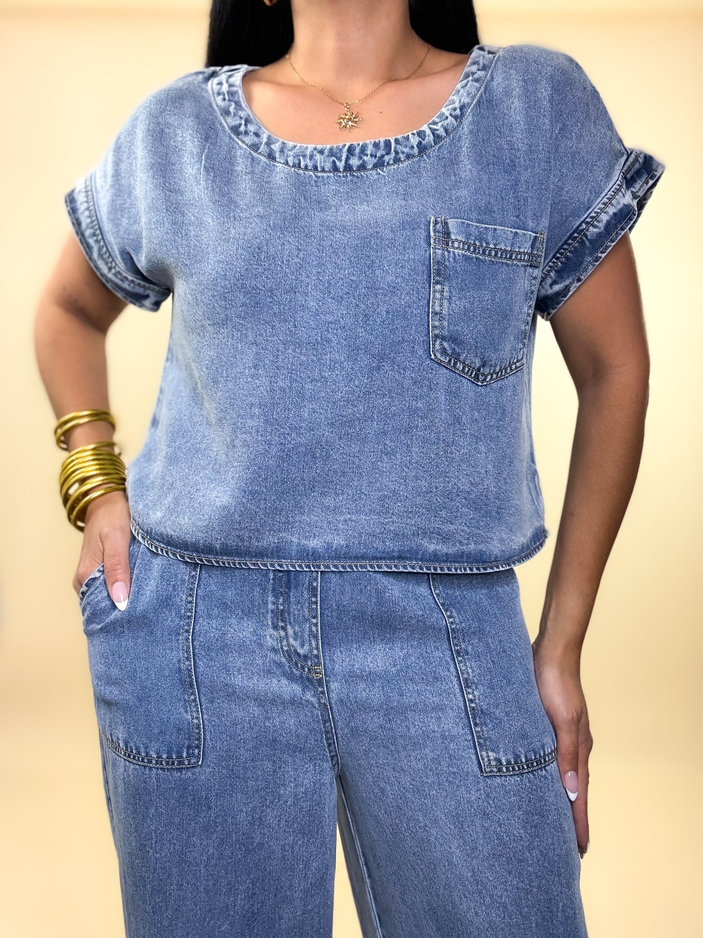 Washed Chambray Boat Neck Set
