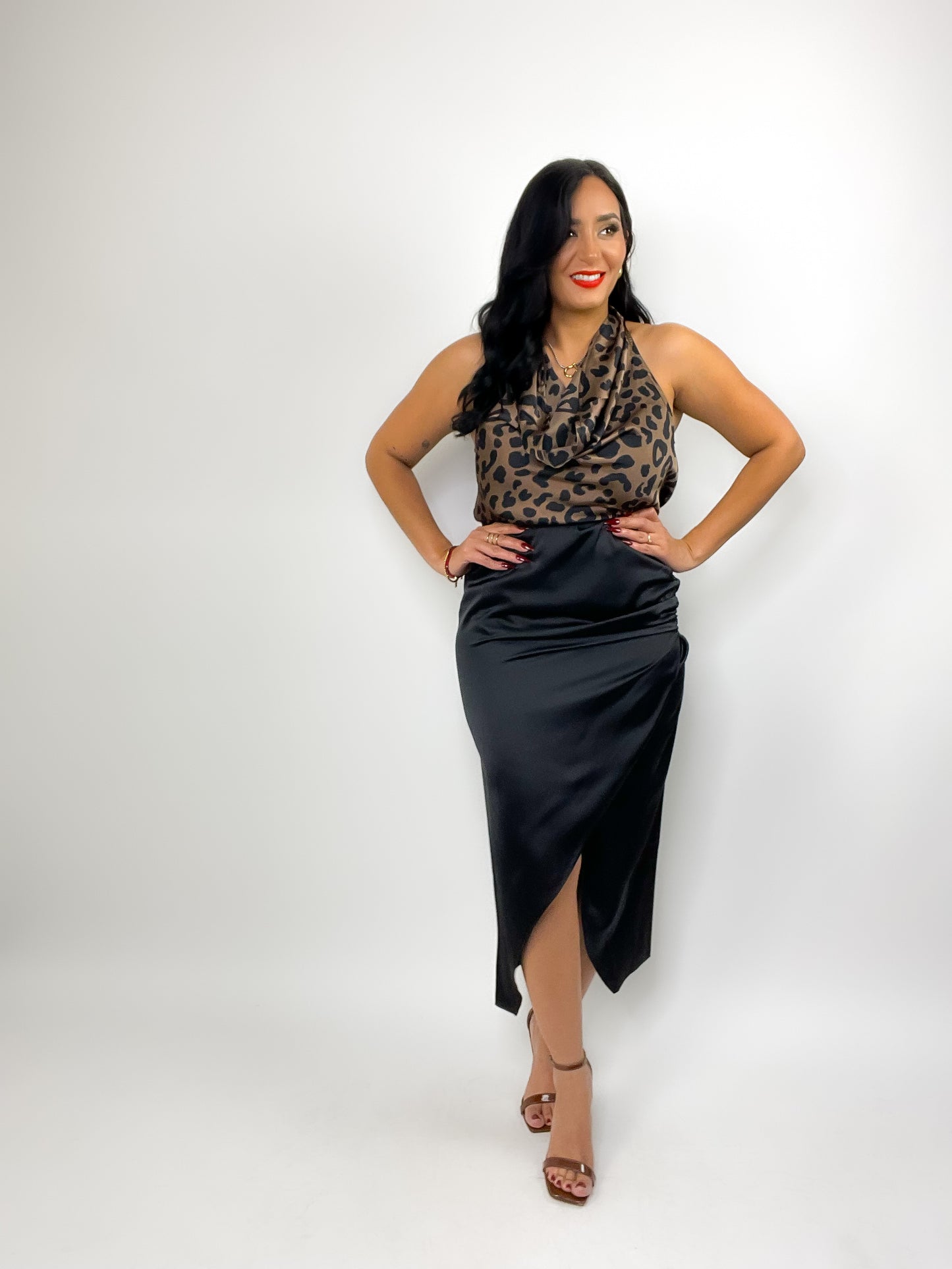 Black Satin Ruched Midi Skirt