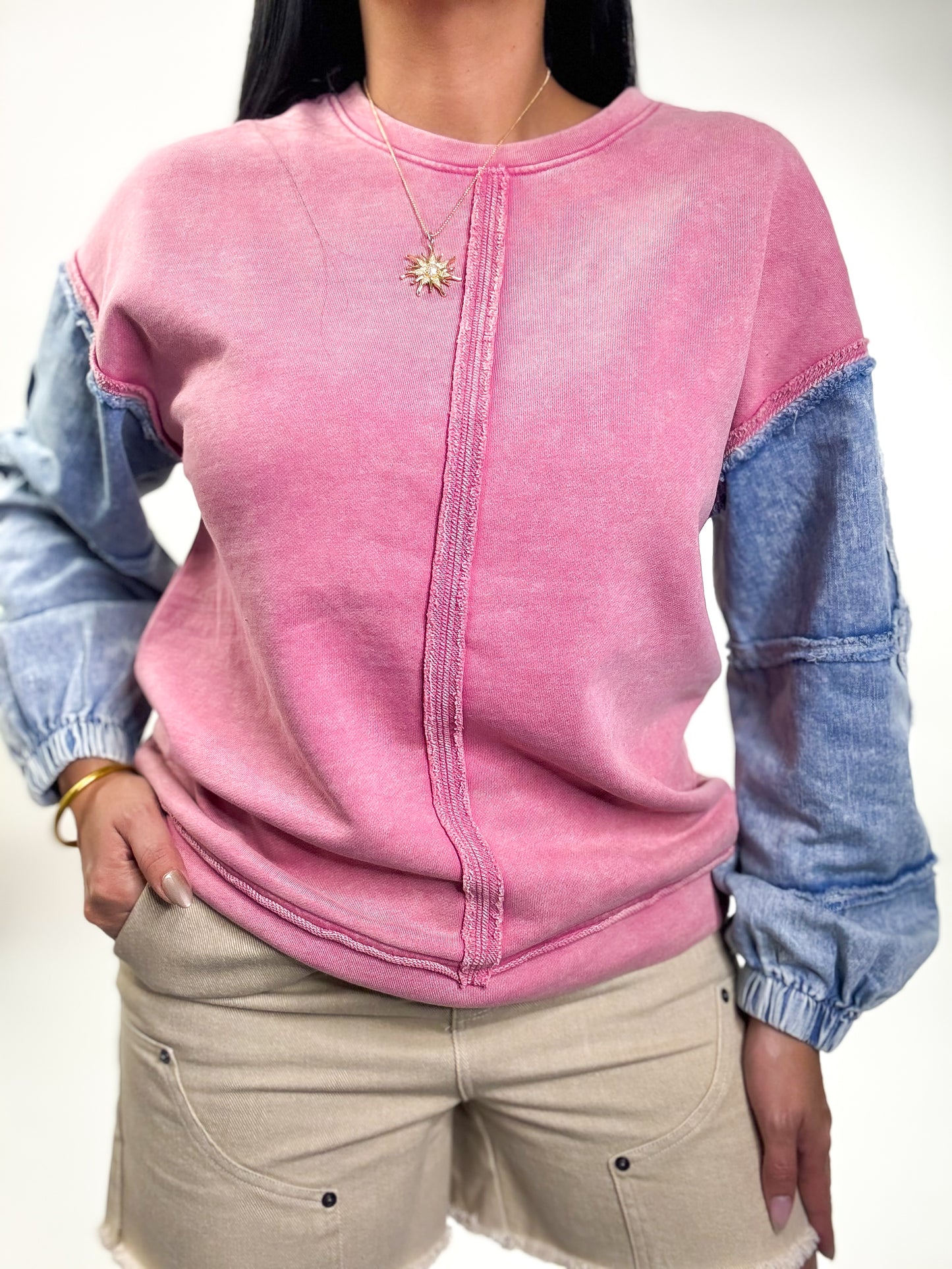 Rose Washed Denim Oversized Knit Top