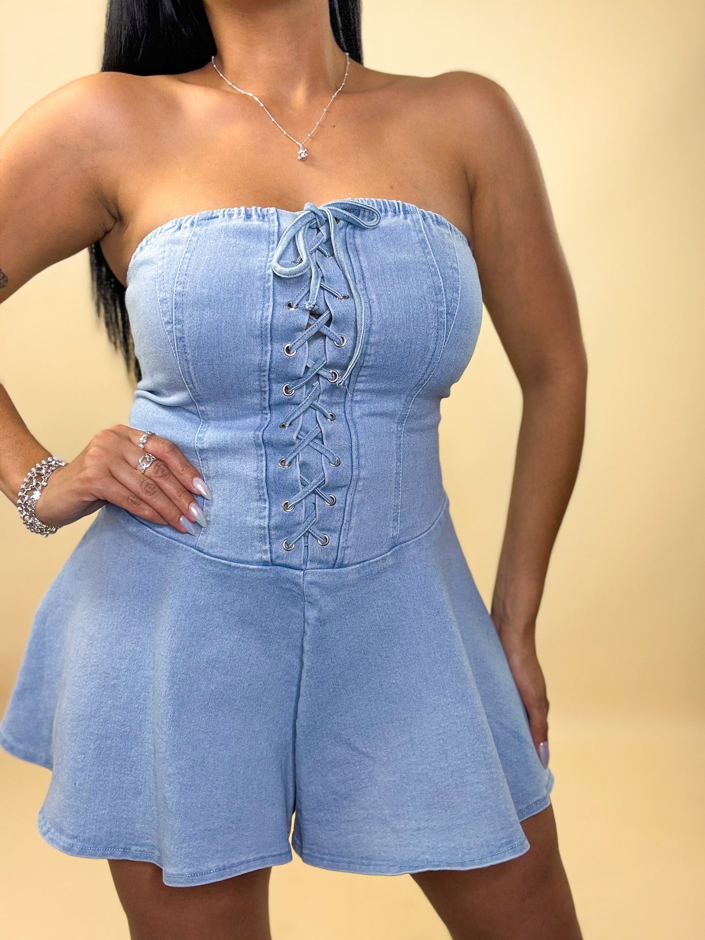 Light Denim Stretchy Lace Up Romper