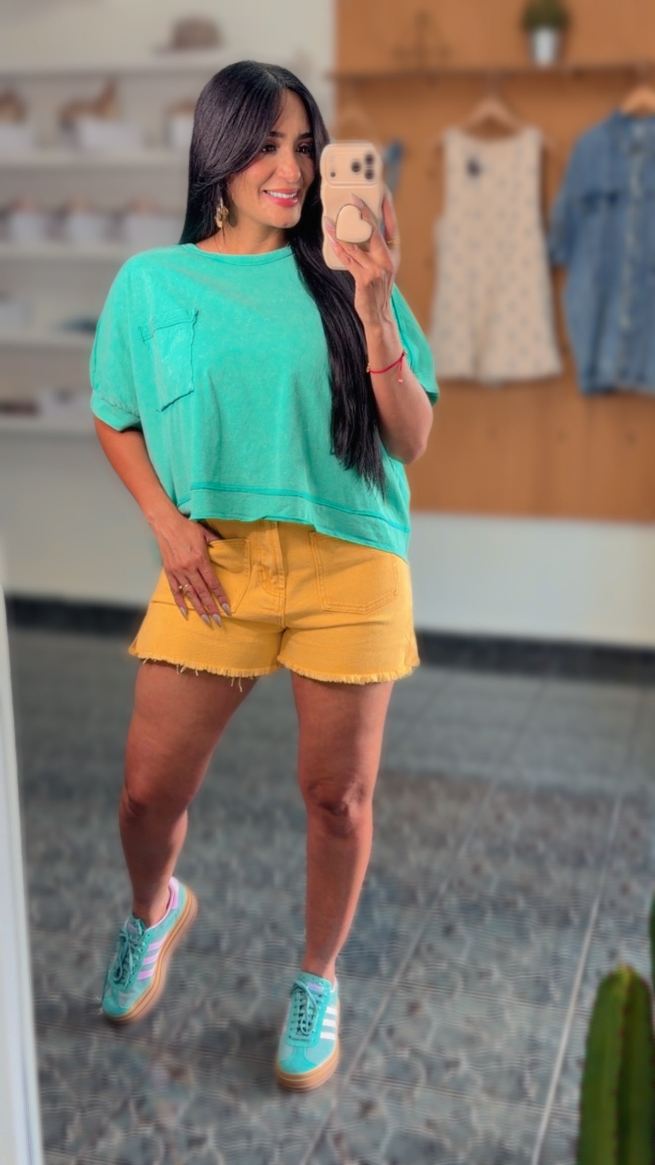 Yellow Mineral Washed Denim Frayed Hem Shorts