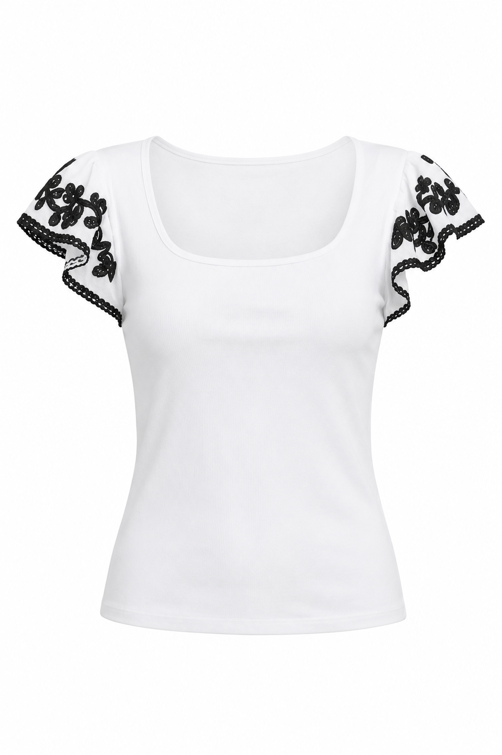 White Ribbed Knit Embroidered Flutter Sleeves Top