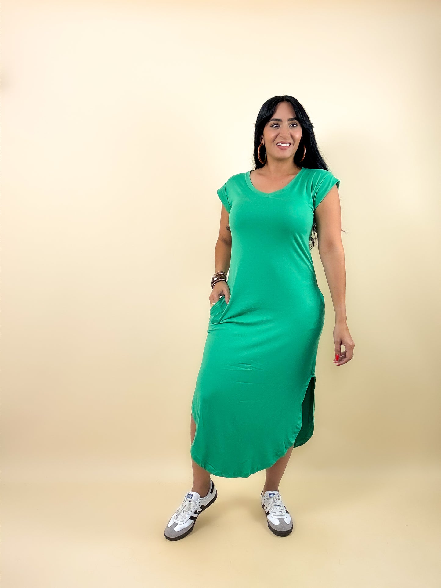 Kelly Green Pockets Midi Tshirt Dress