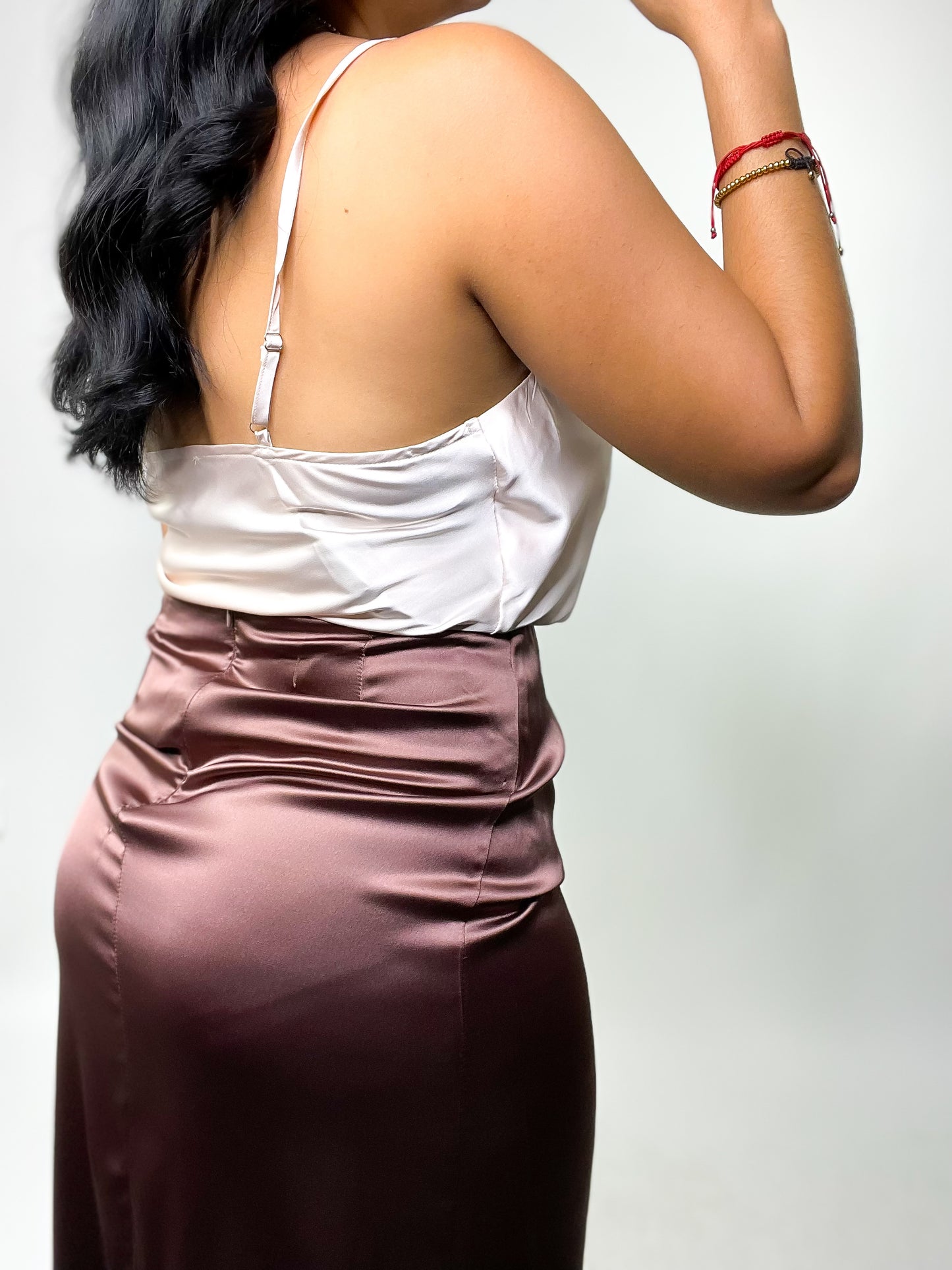 Brown Satin Ruched Midi Skirt