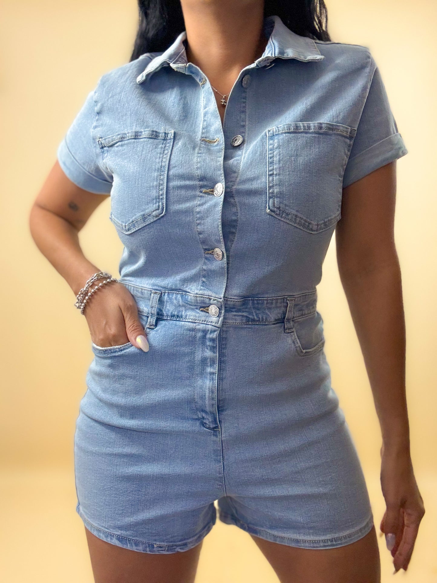 Light Denim Stretchy Button Down Romper