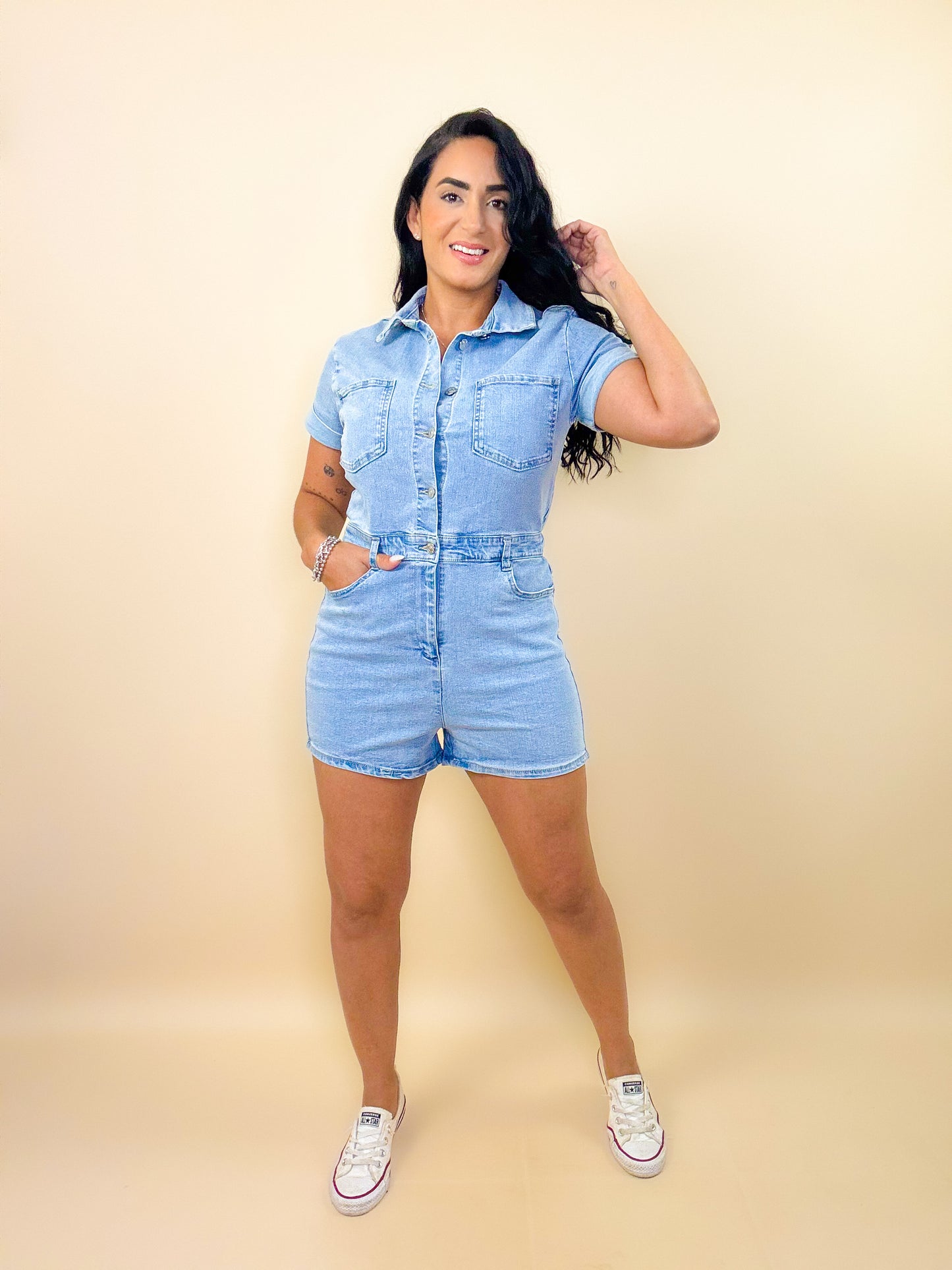 Light Denim Stretchy Button Down Romper