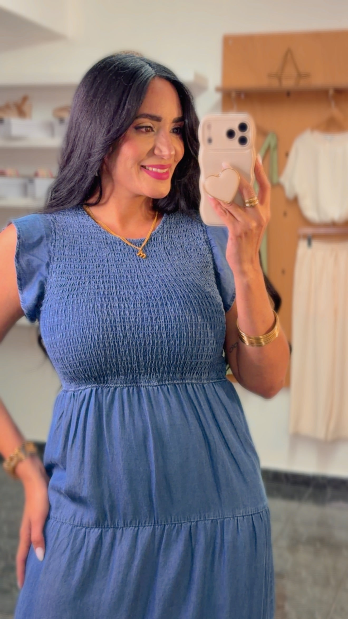 Smocked Ruffle Sleeve Midi Denim Dress