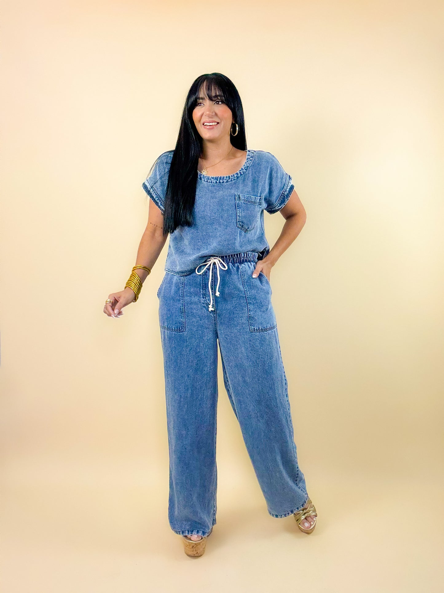 Washed Chambray Boat Neck Set