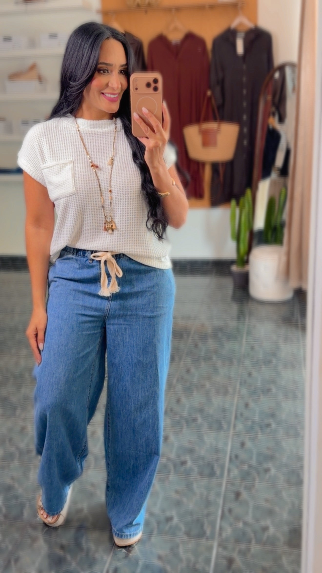 Ivory Waffle Front Pocket Top
