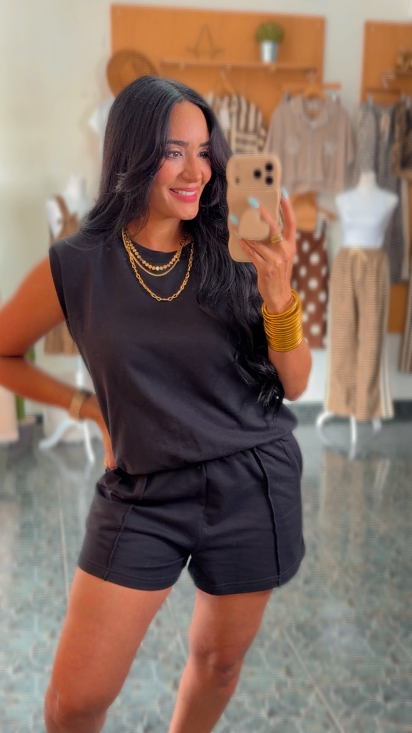 Black French Terry Shoulder Pad Top/Short SET