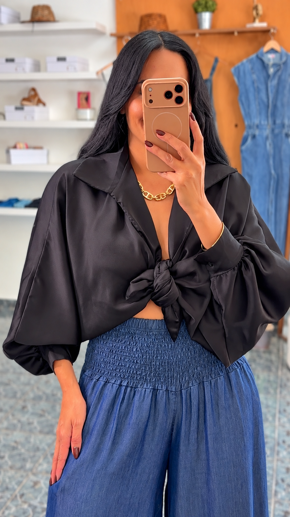 Italy Black Satin Knot Shirt