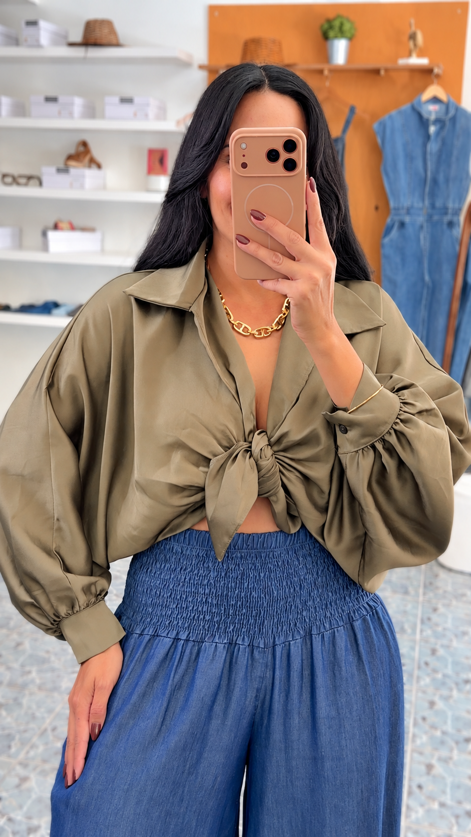 Italy Olive Satin Knot Shirt
