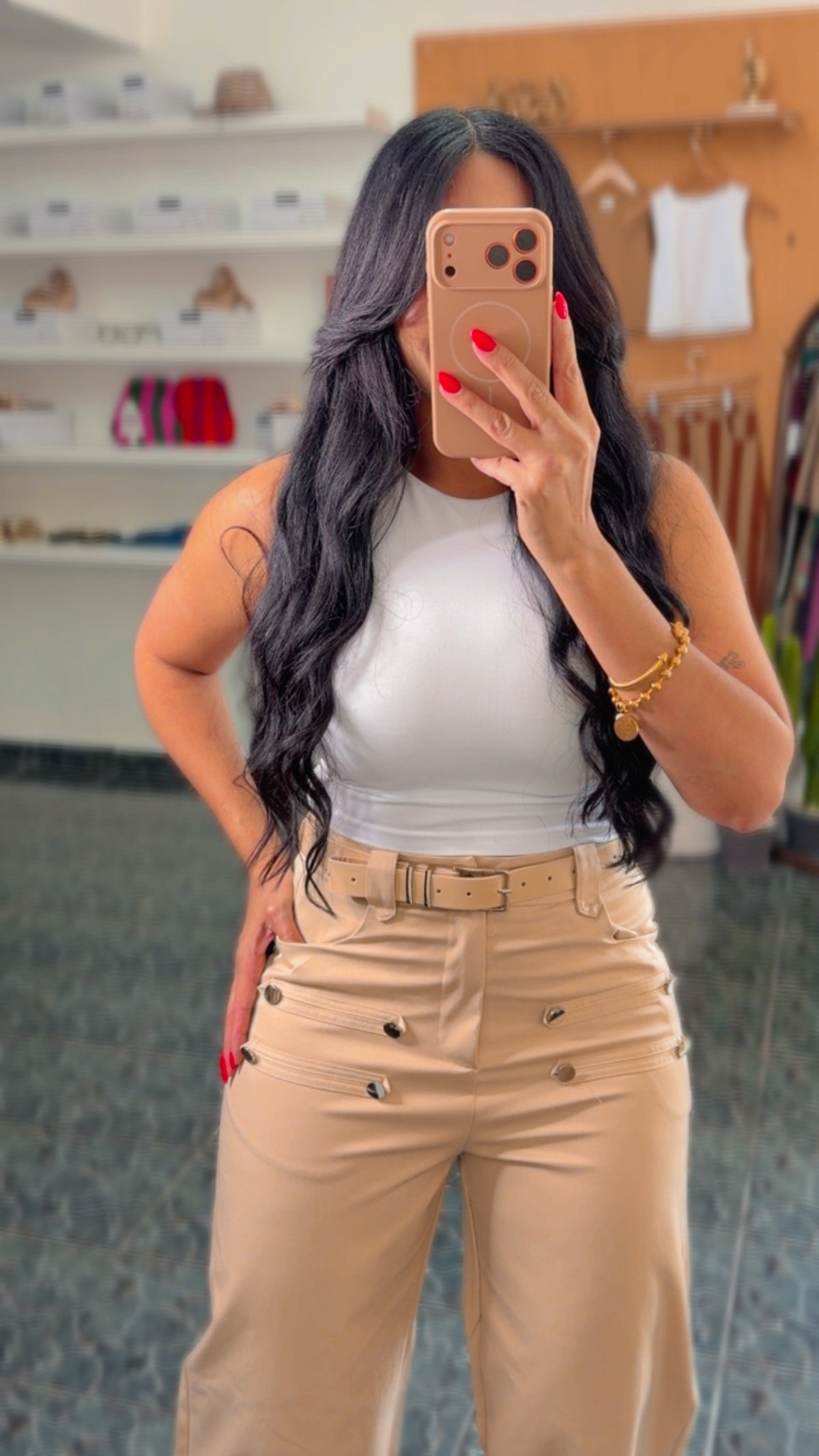 Beige Napoleon Belted Spandex Pants