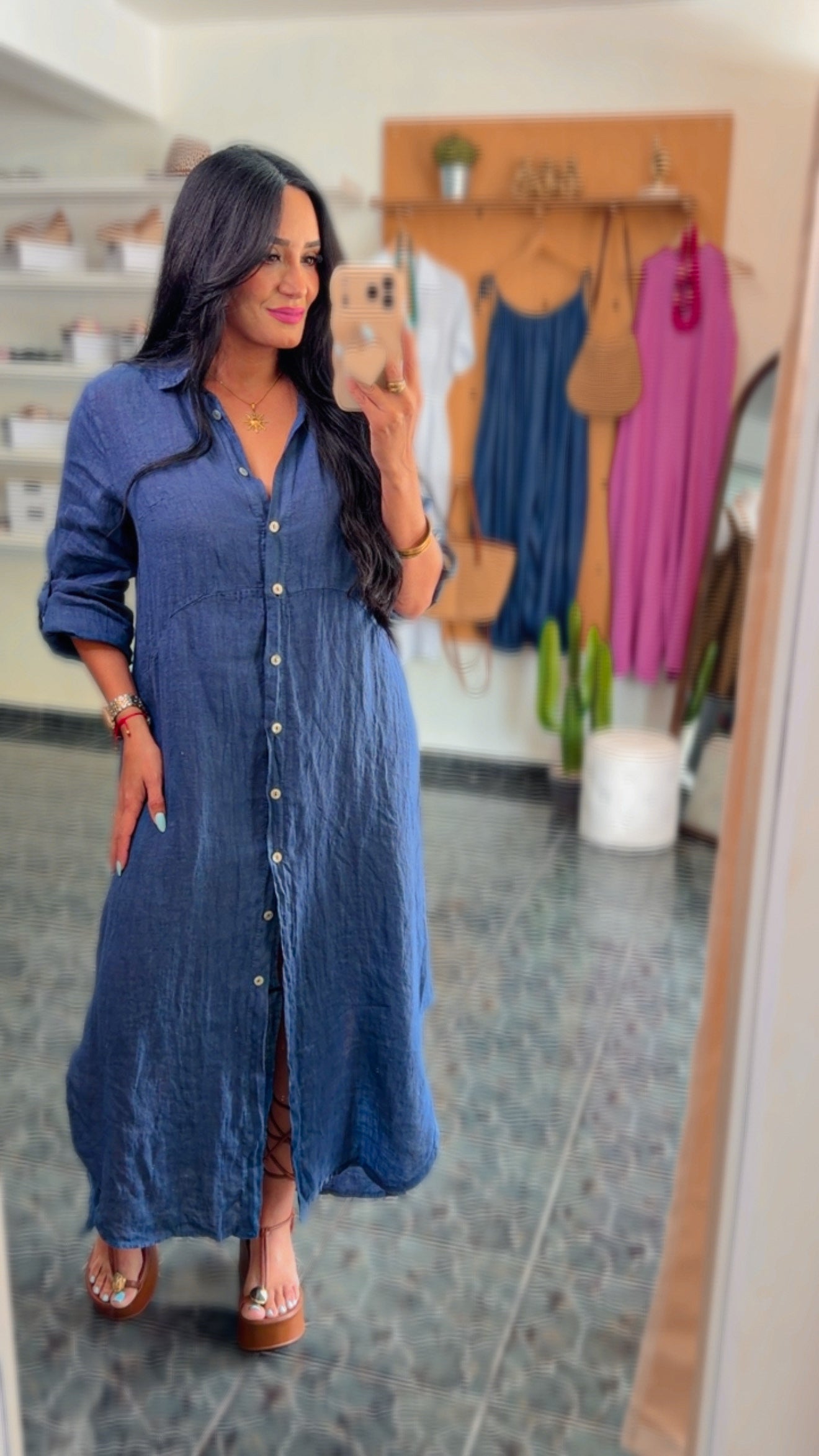 Italy Navy Linen Button Down Maxi Dress