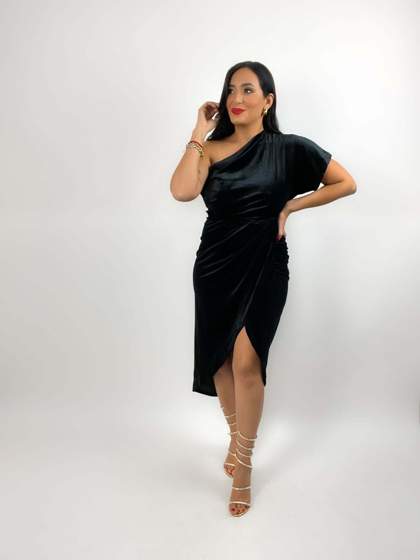 One Shoulder Velvet Wrap Dress