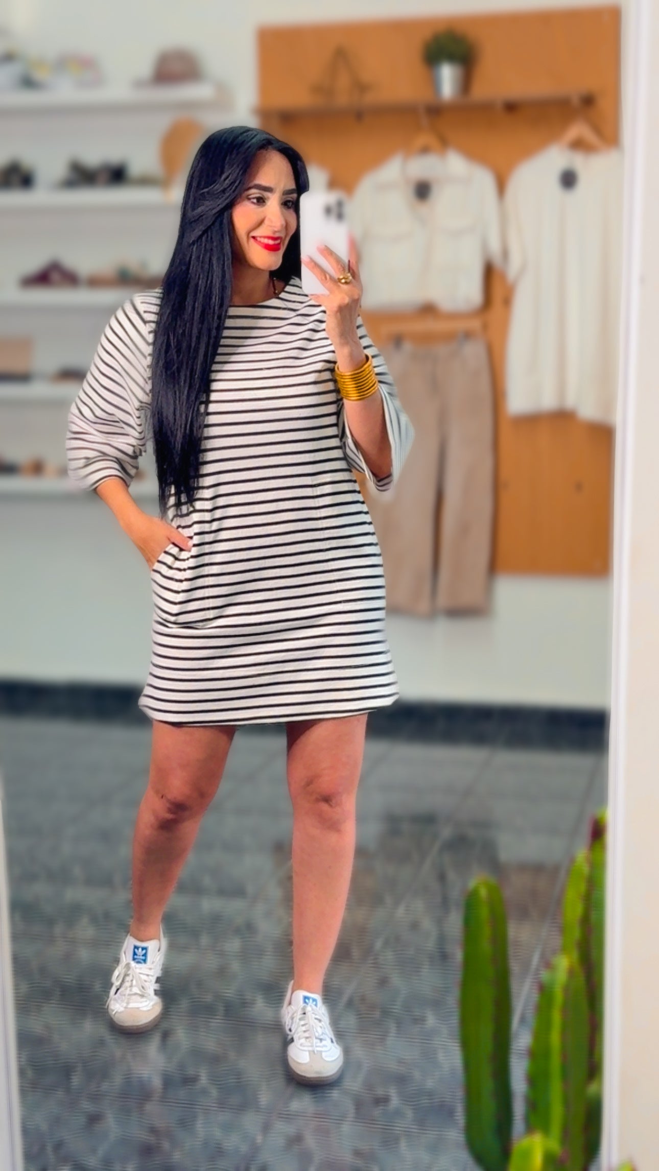 RESTOCK Black Striped Round Neck Half-Sleeve Dress
