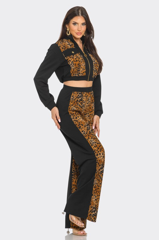 Print Stripe Tape Zipper Jacket Pants Set