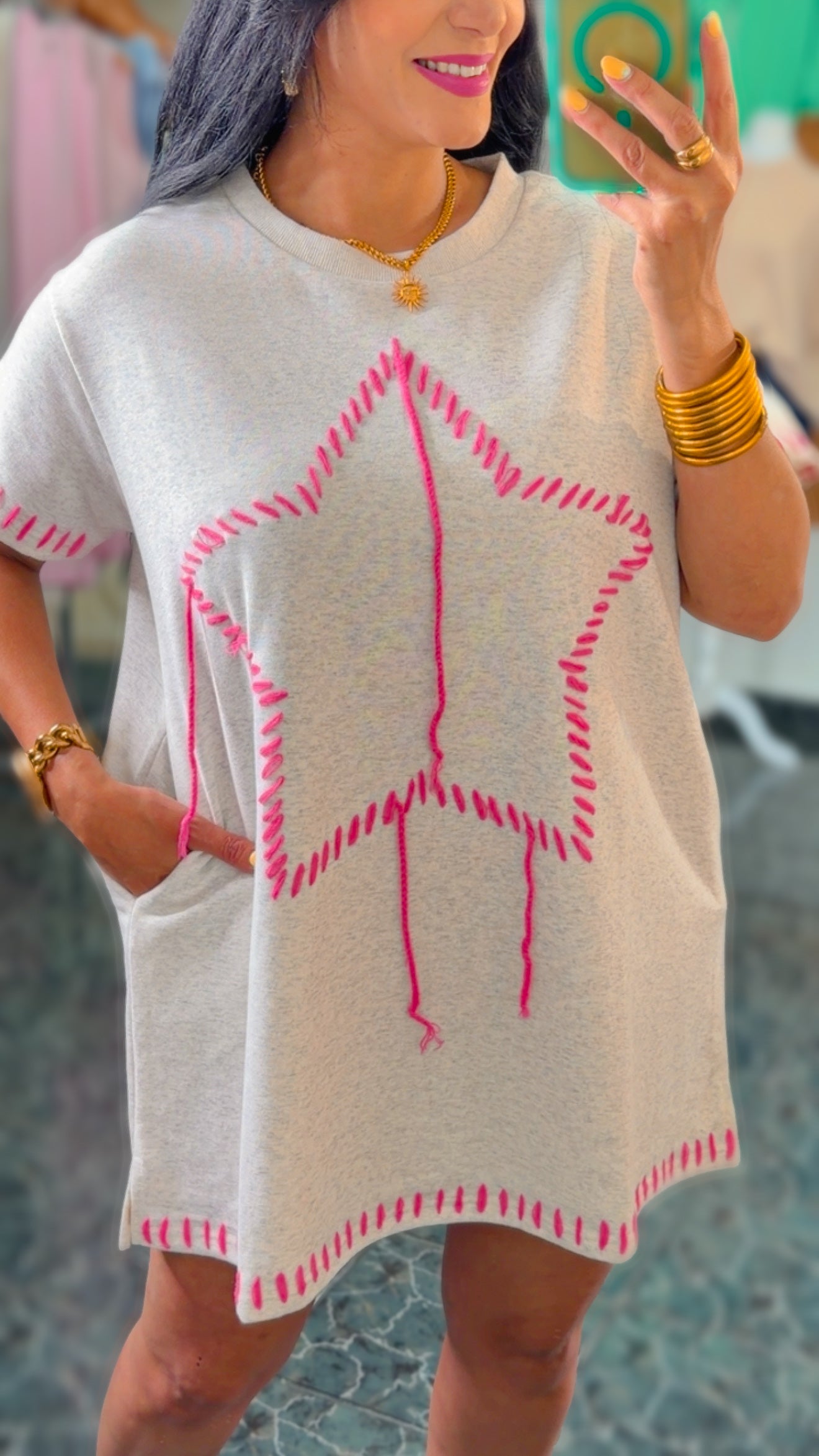 Grey/Pink Star Threaded Dress