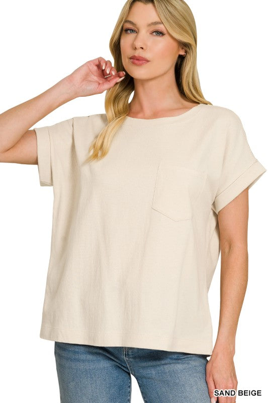 Beige Cuffed Front Pocket Tee