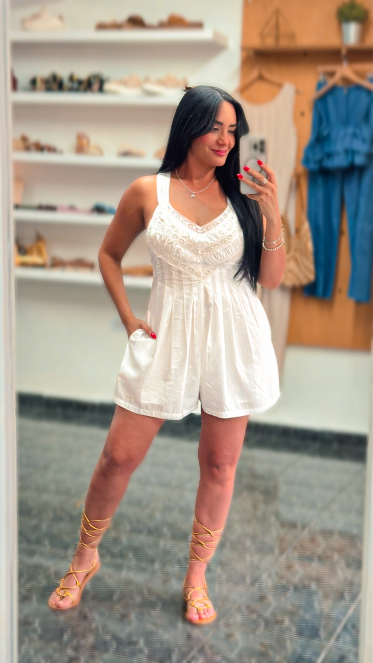White Embroidered Pleated Romper