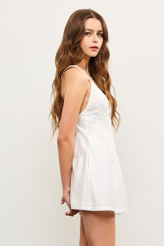 White Embroidered Pleated Romper