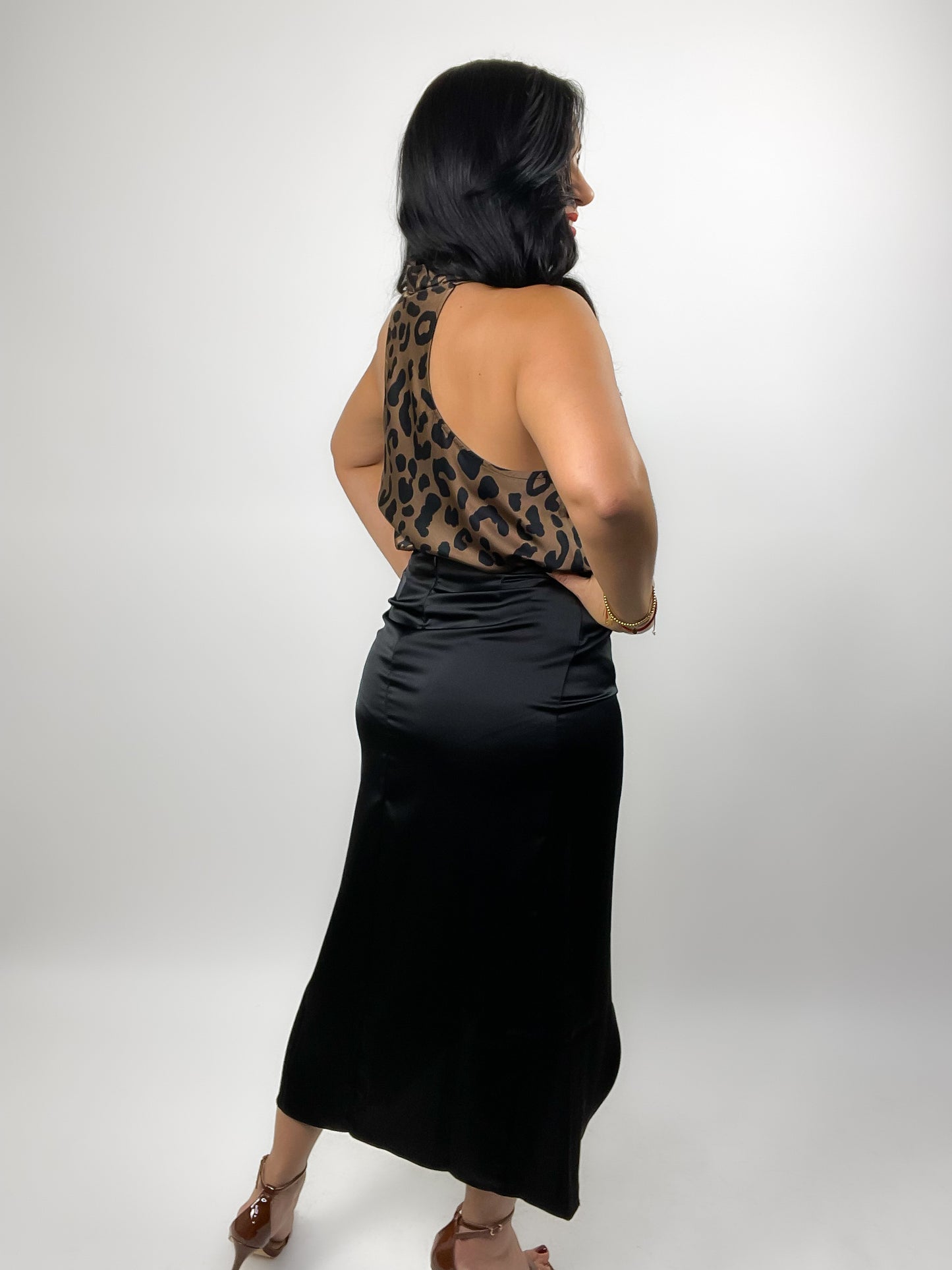 Black Satin Ruched Midi Skirt