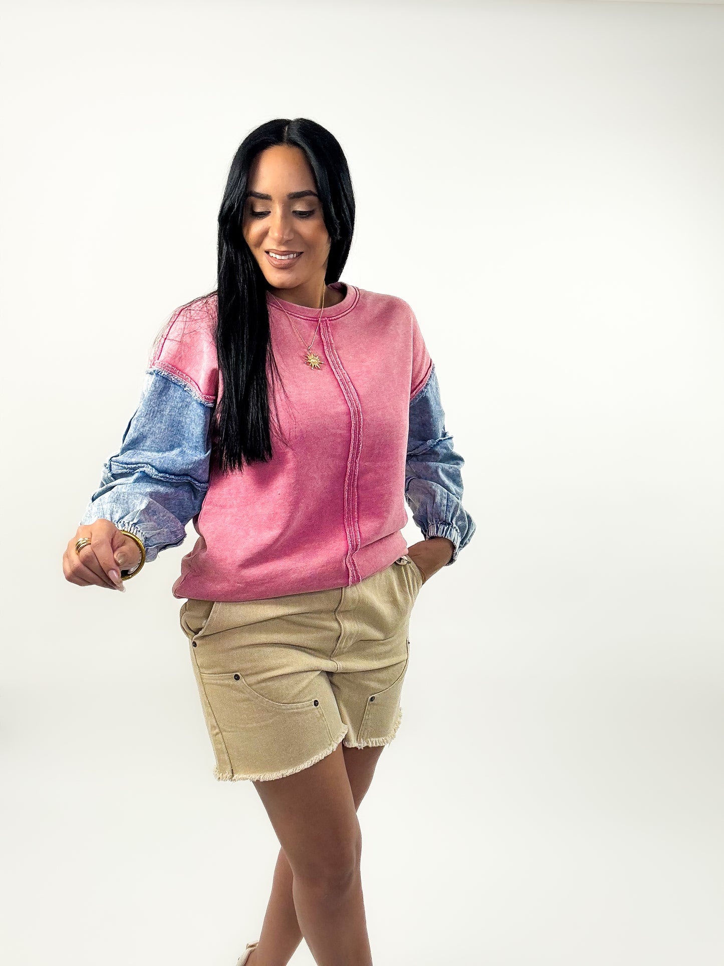 Rose Washed Denim Oversized Knit Top