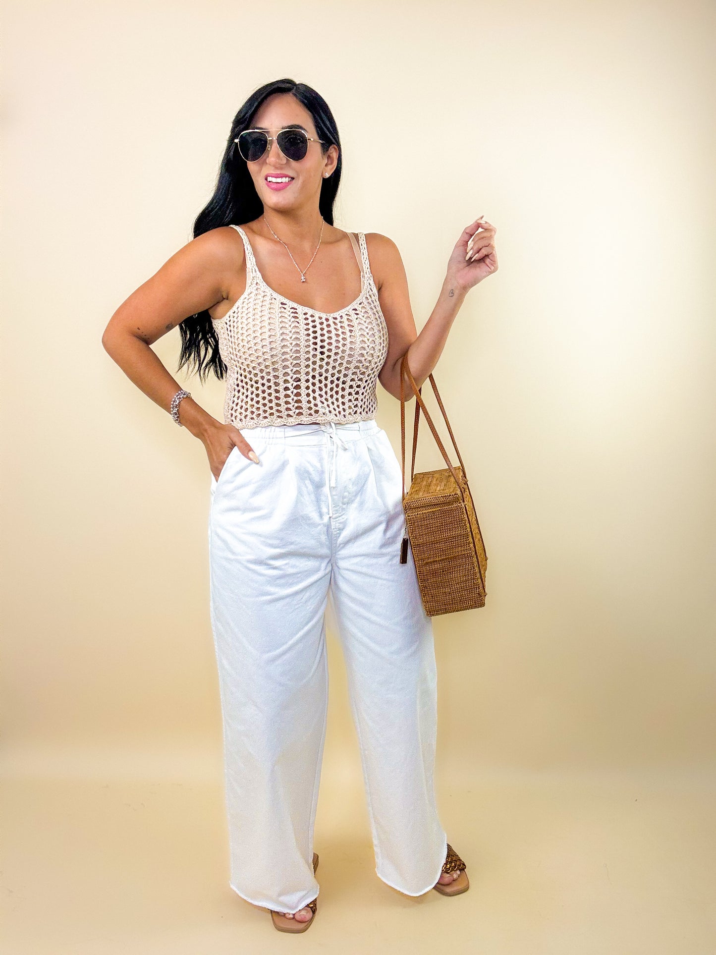 White Elasticized Waist Loose Fit Jeans