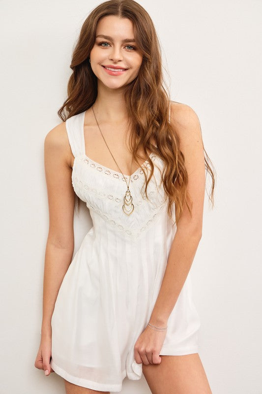 White Embroidered Pleated Romper
