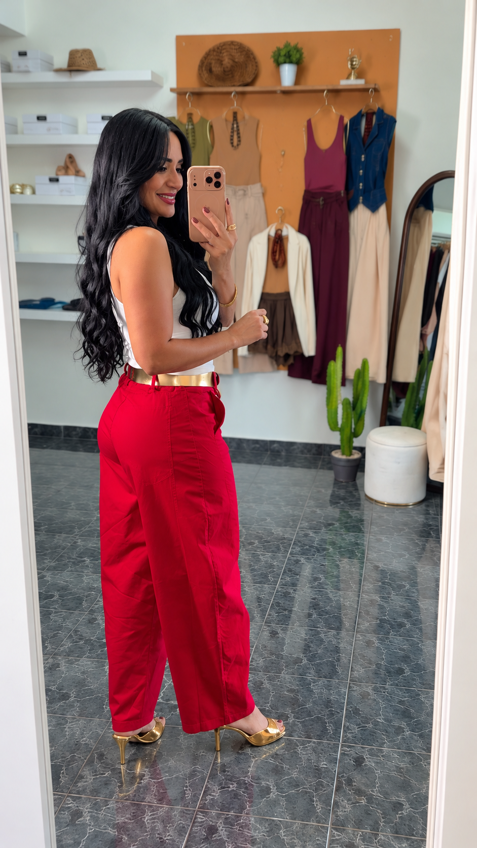Italy Red Belted Slouchy Barrel Pants