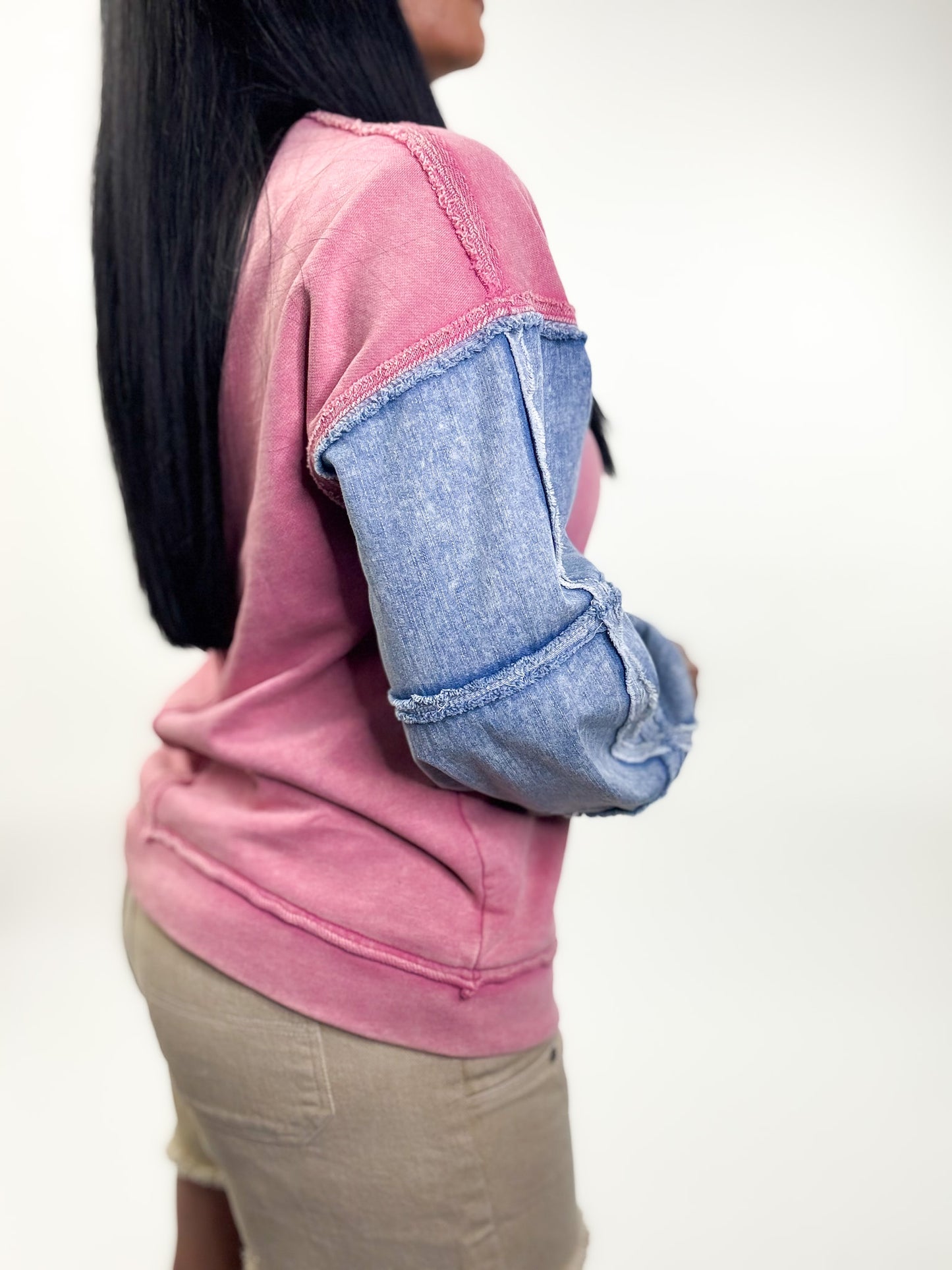 Rose Washed Denim Oversized Knit Top
