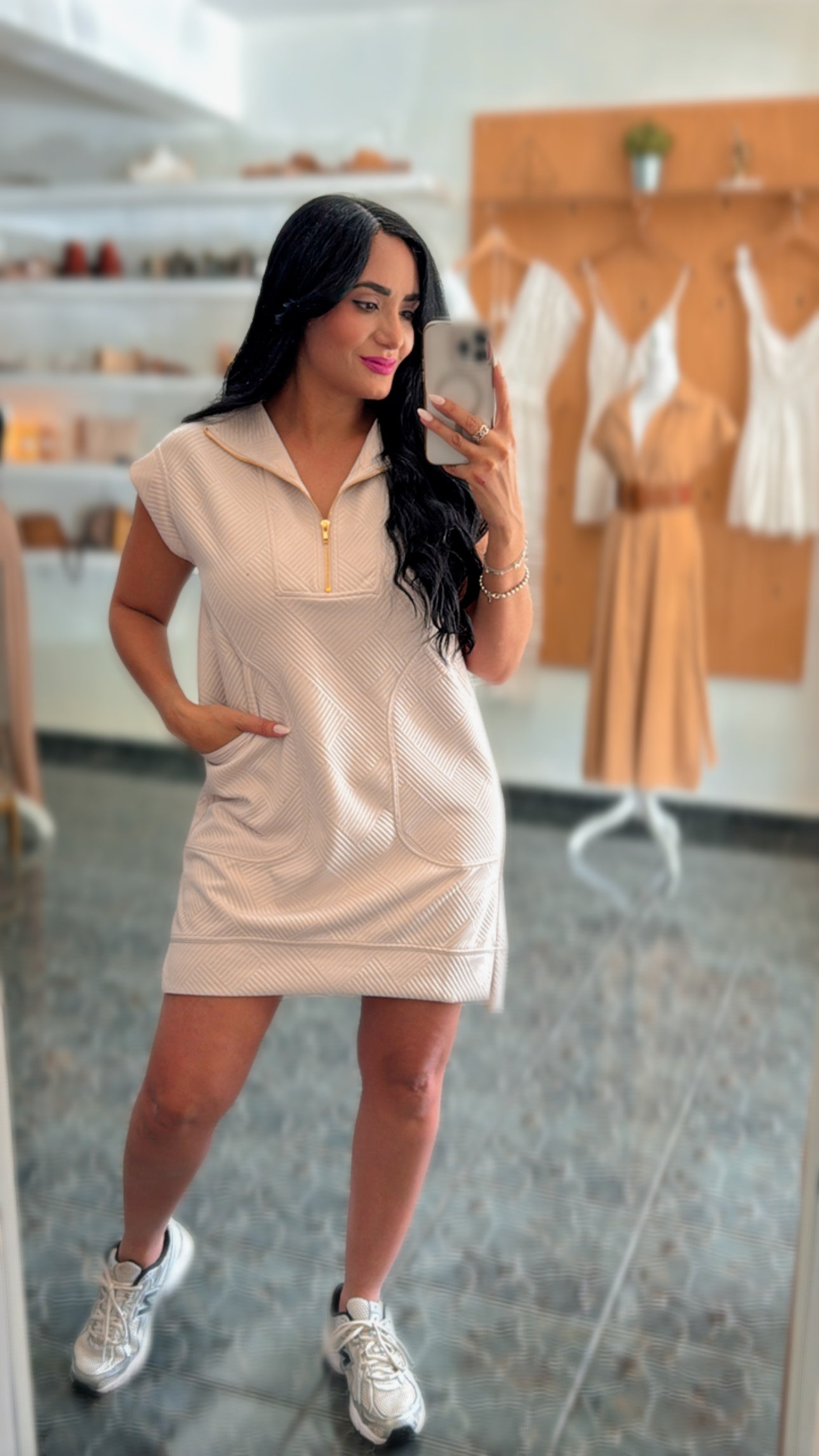 Beige Knit Zipper Dress