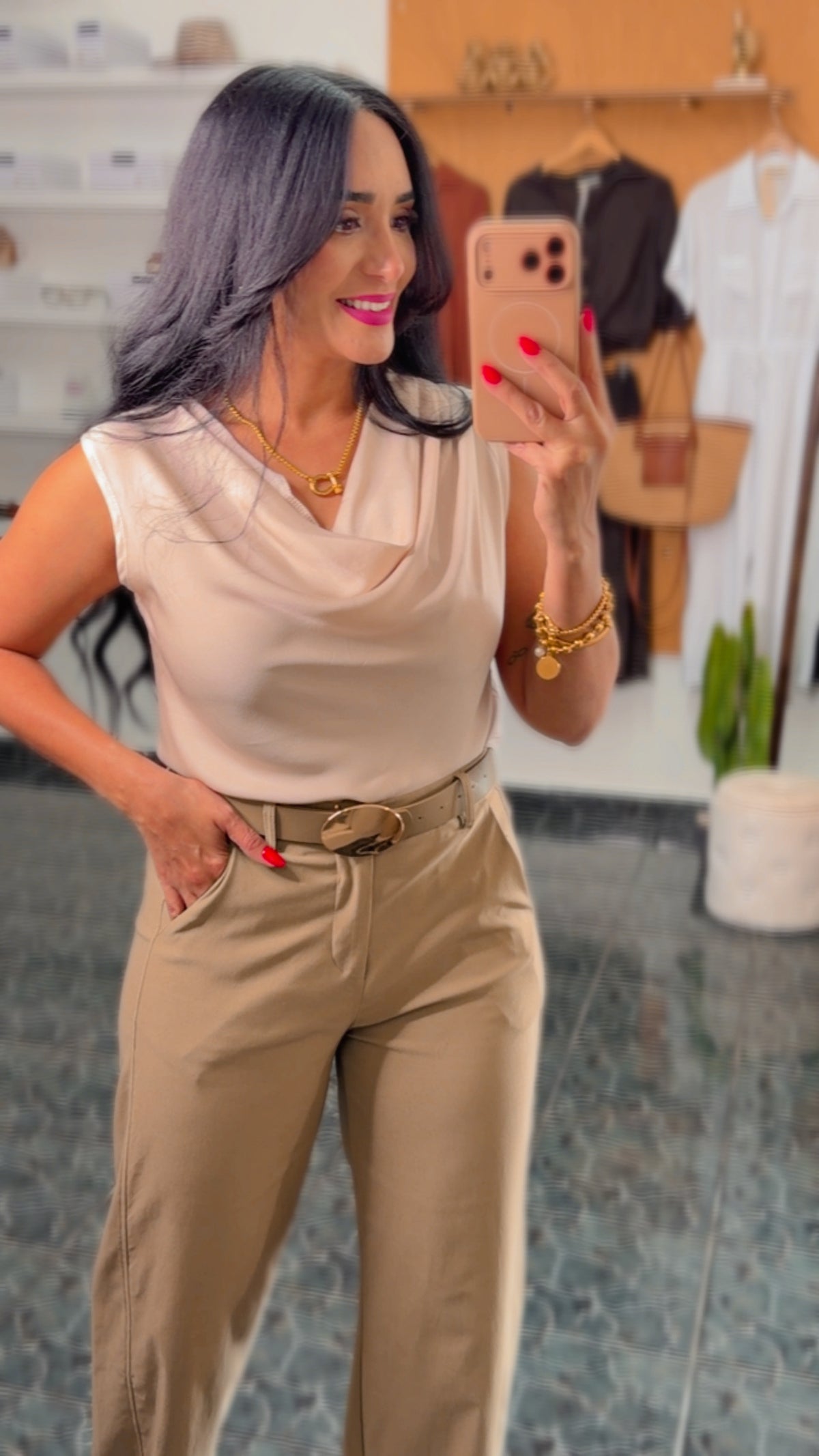 Light Olive Belted Spandex Wide Leg Pants