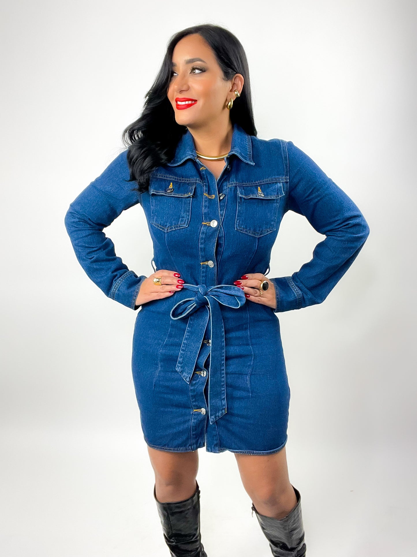 Button Down Belted Denim Mini Dress