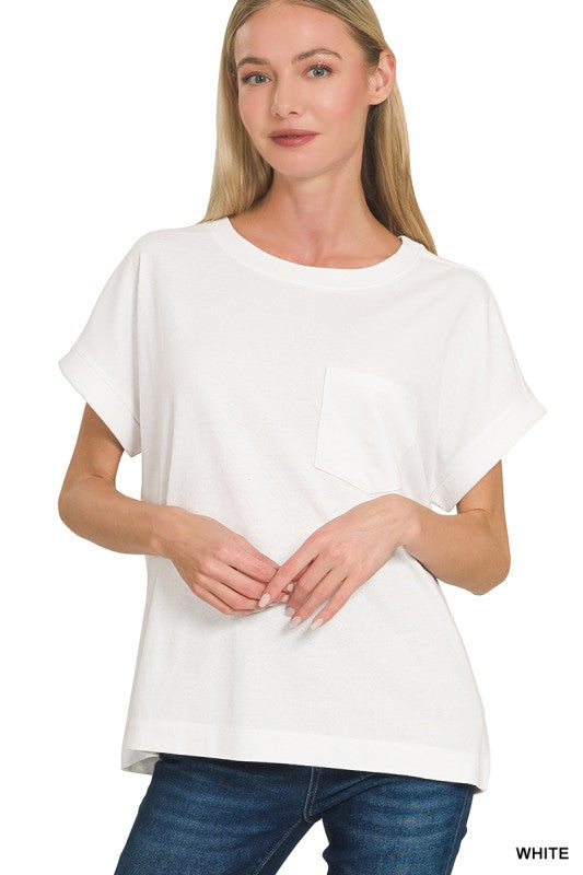 White Cuffed Front Pocket Tee