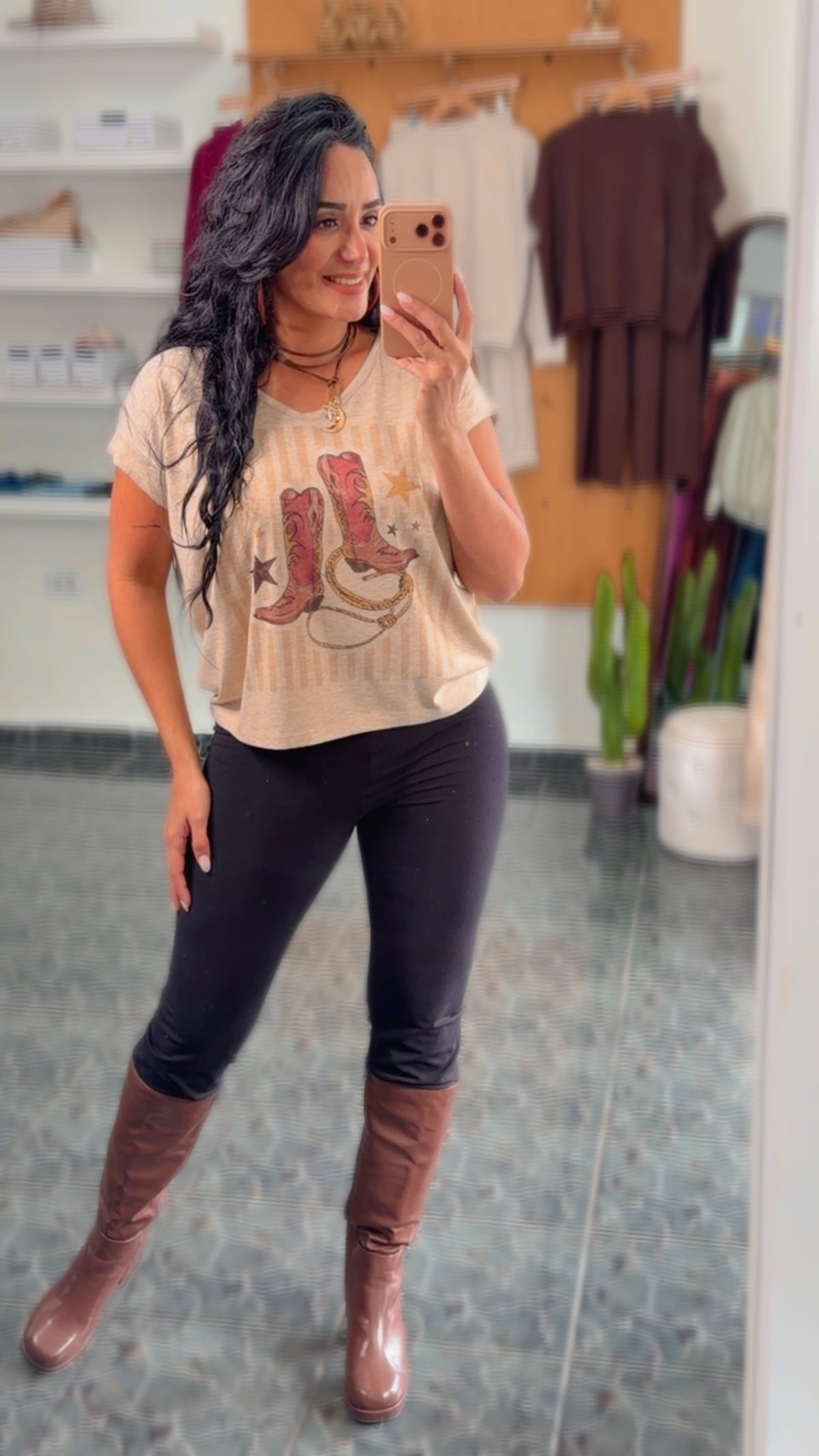 Oatmeal Cowboy Boots Print V Neck Top