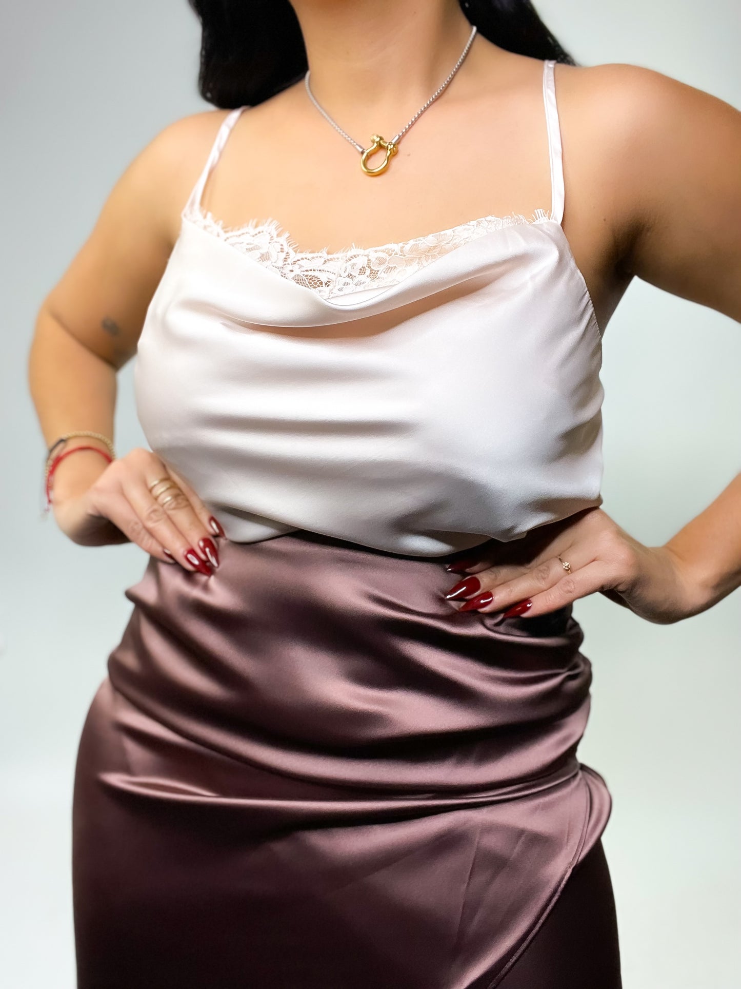 Brown Satin Ruched Midi Skirt